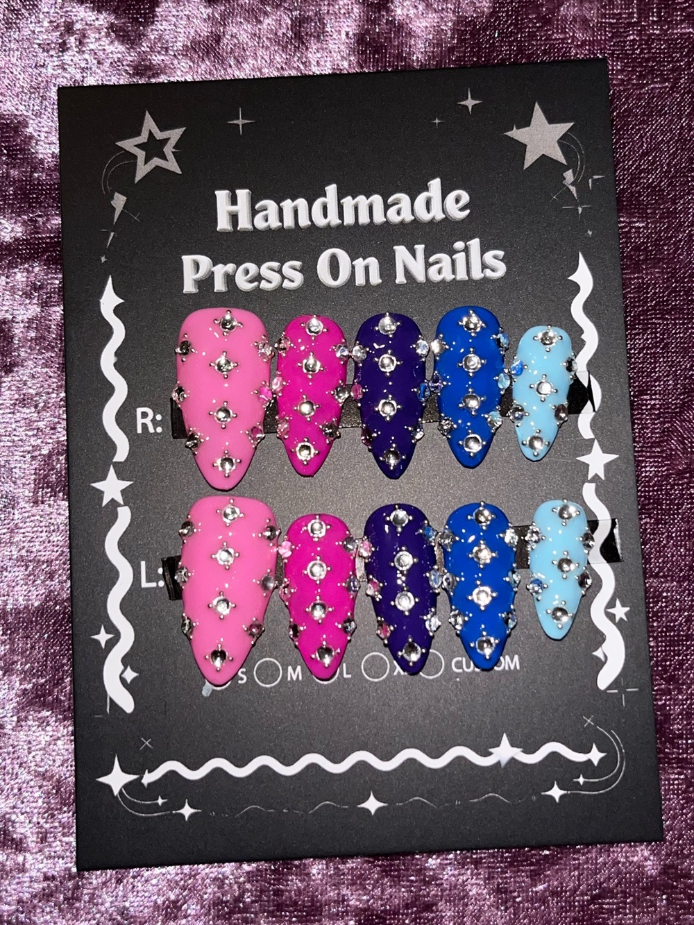 Handmade Press On Nails - Pink, Purple, Blue, Light Blue